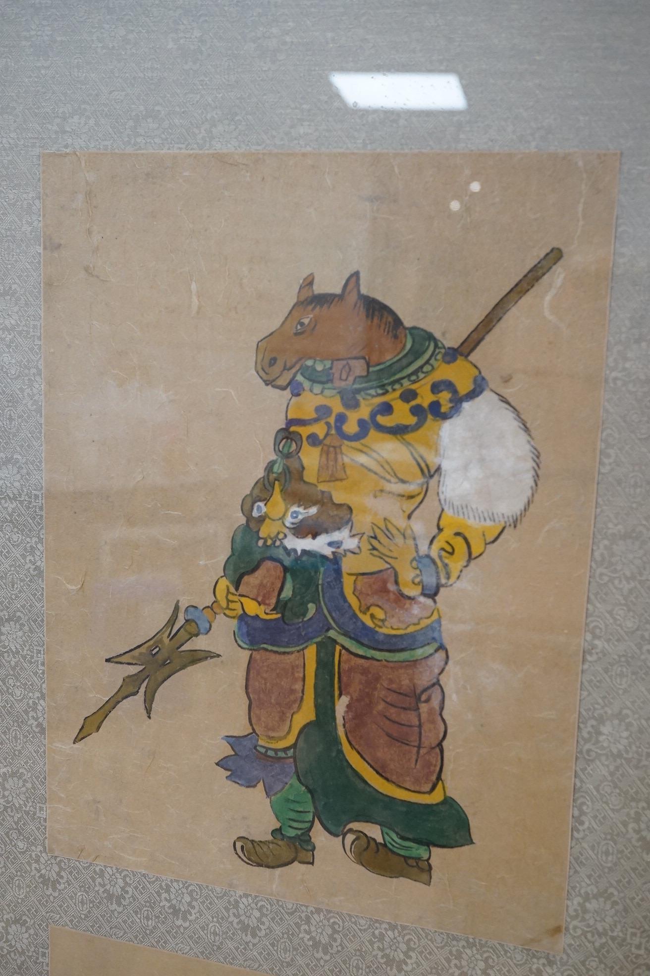 Chinese School, set of twelve watercolours, Signs of the Zodiac, mounted and framed as two, overall 139 x 71cm. Condition - fair